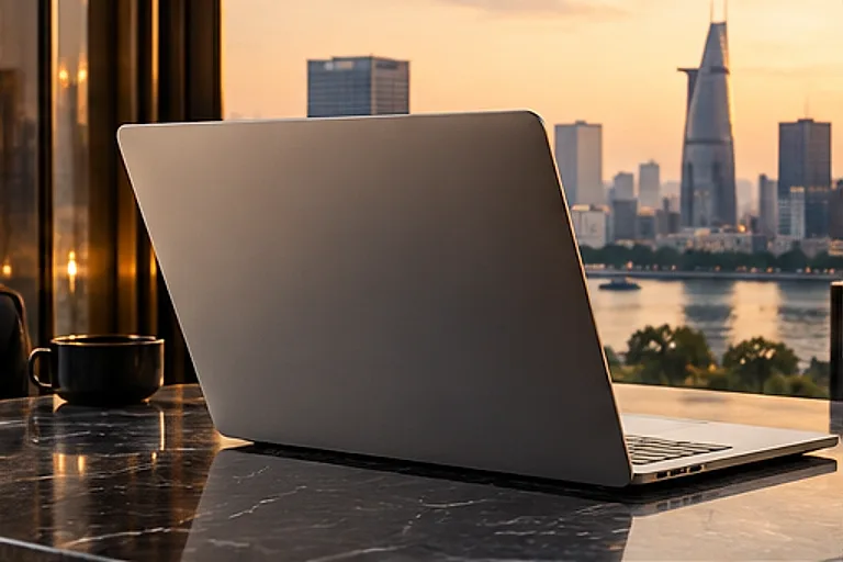 Laptop mở nắp trên bàn đá, nền thành phố